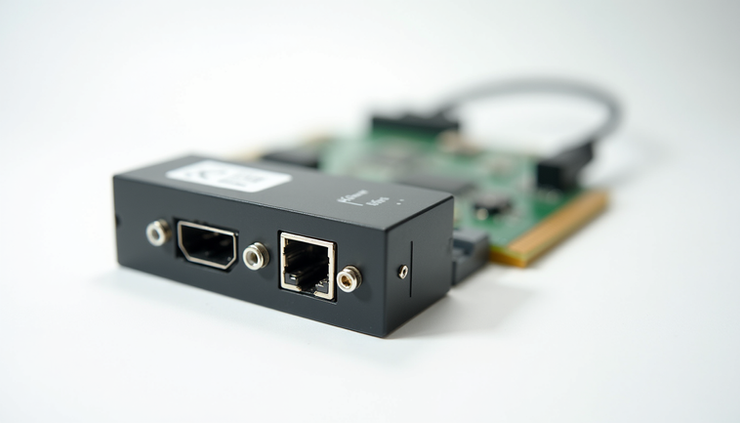 Close-up view of CX-FIBER-A module showing fiber optic and serial communication ports