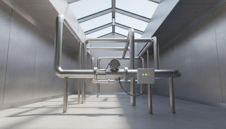 Wide-angle view of a flow meter connected to a compact cloud gateway in a plant room.