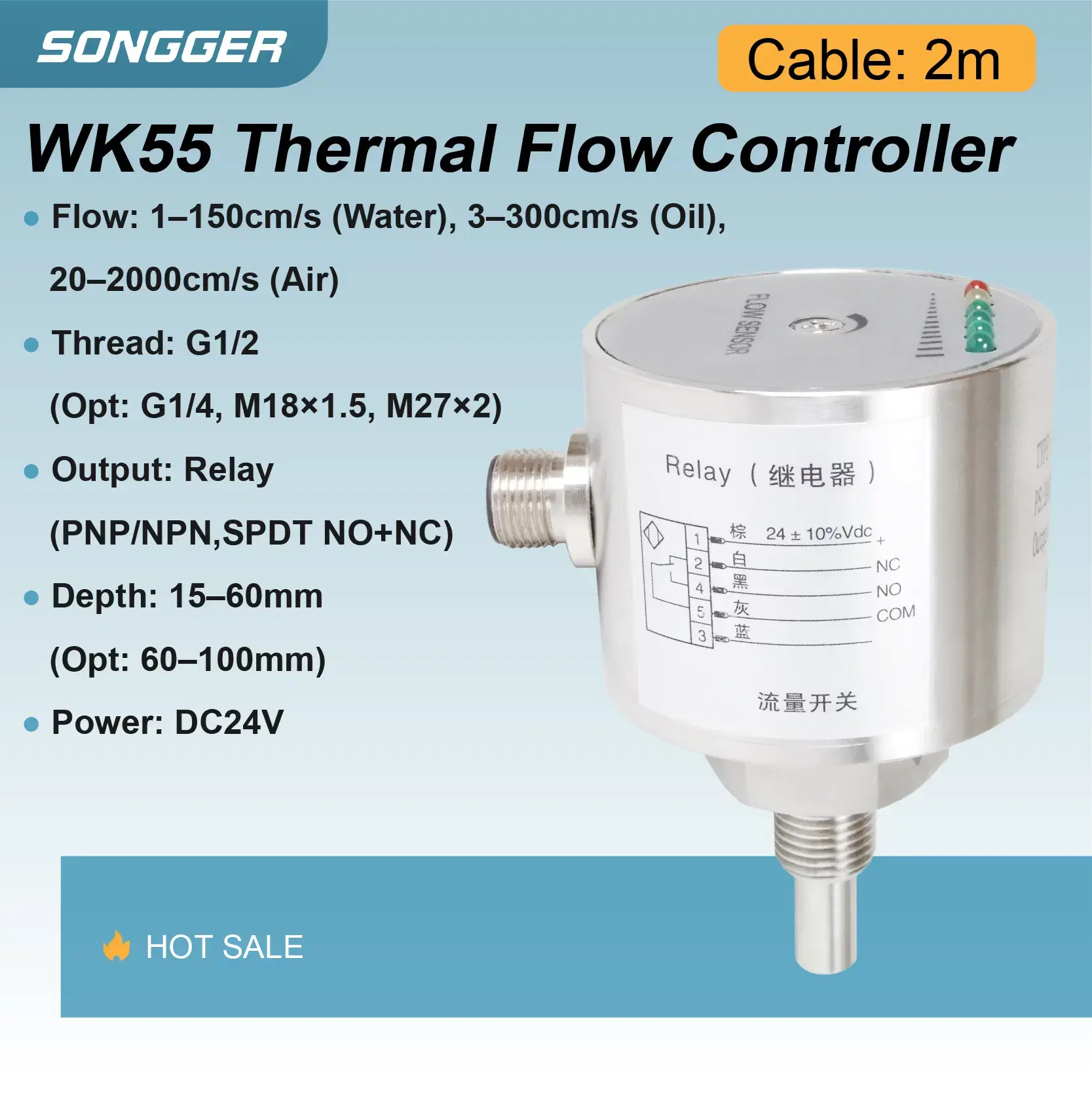 Thermal Flow Switch 24V DC Stainless Steel Paddle Type with Relay / PNP / NPN