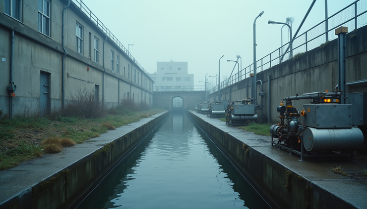 High angle view of urban sewage treatment plant with automated control system