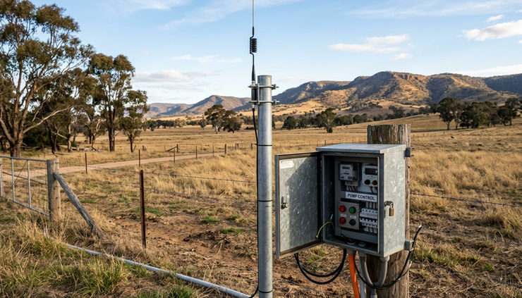Eye-level view of a radio antenna mounted on a pole beside a rural pump control cabinet.
