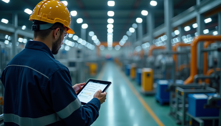 High angle view of a technician using a tablet to monitor industrial automation systems remotely