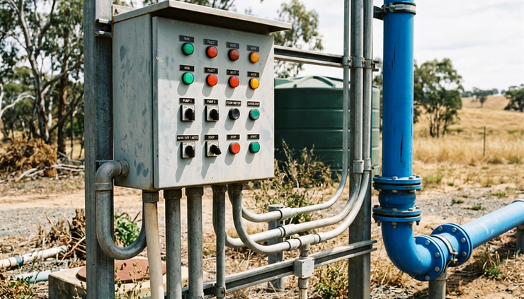 Low-angle view of a pump control panel with labelled switches and indicator lights near a water transfer line.
