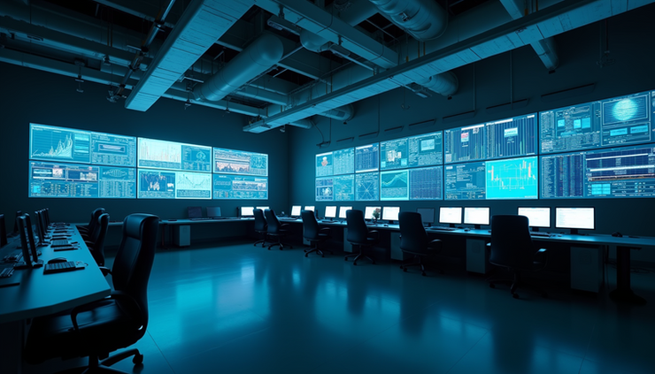 Eye-level view of industrial control room with digital monitoring screens
