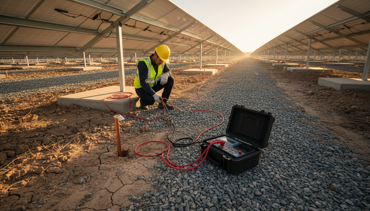 Wide-angle view of a solar farm grounding inspection with test leads running beside panel rows.