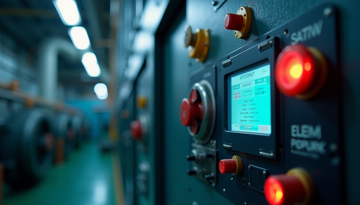 Eye-level view of a boiler control panel with touchscreen interface showing operational status