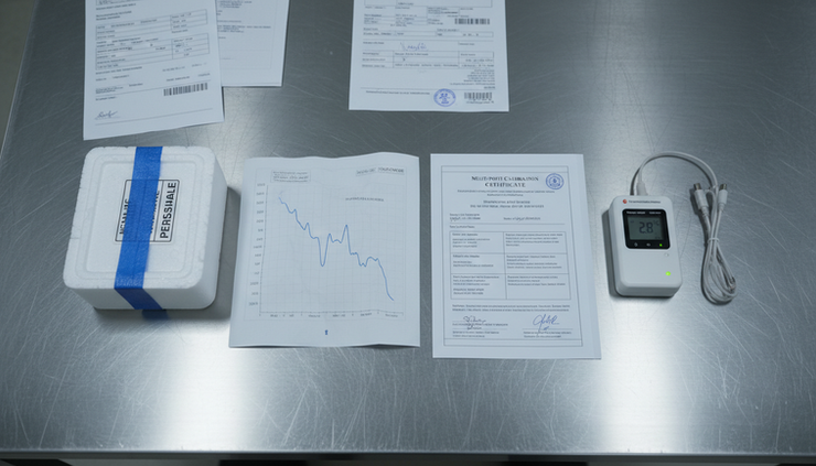 Top-down view of a cold-chain shipment file with a temperature graph, calibration certificate, and sealed sample box