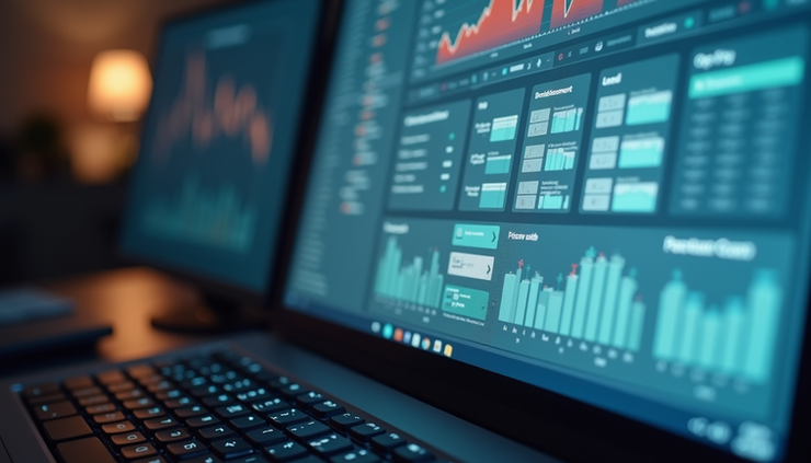 Eye-level view of a computer screen showing a dashboard with connected software icons