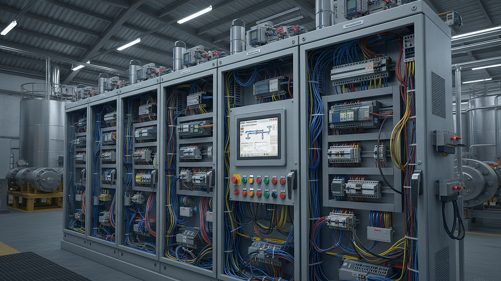 Eye-level view of industrial control panel with sensors and wiring