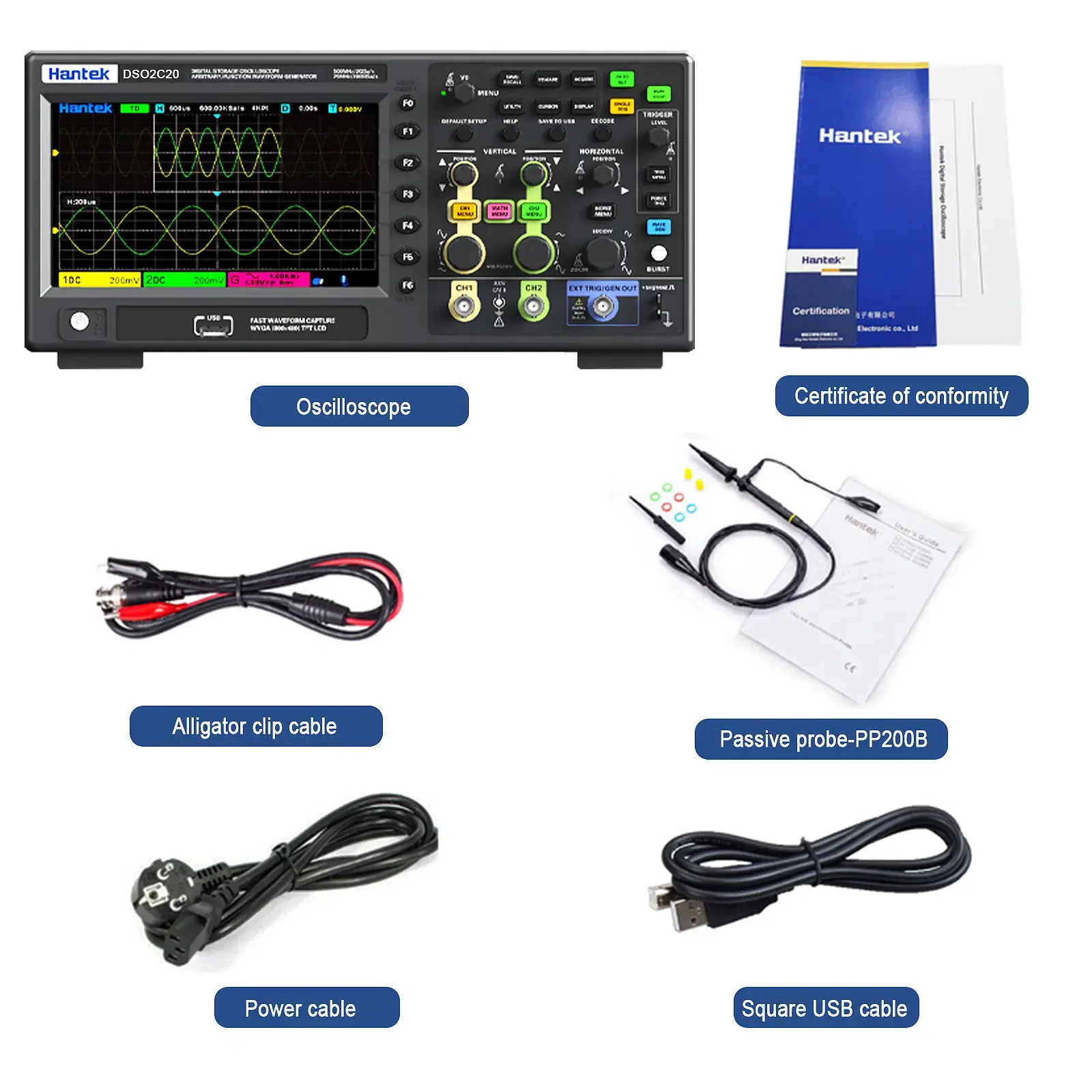 Hantek Digital Storage Oscilloscope – 200 / 350 / 500 MHz, 2 GSa/s