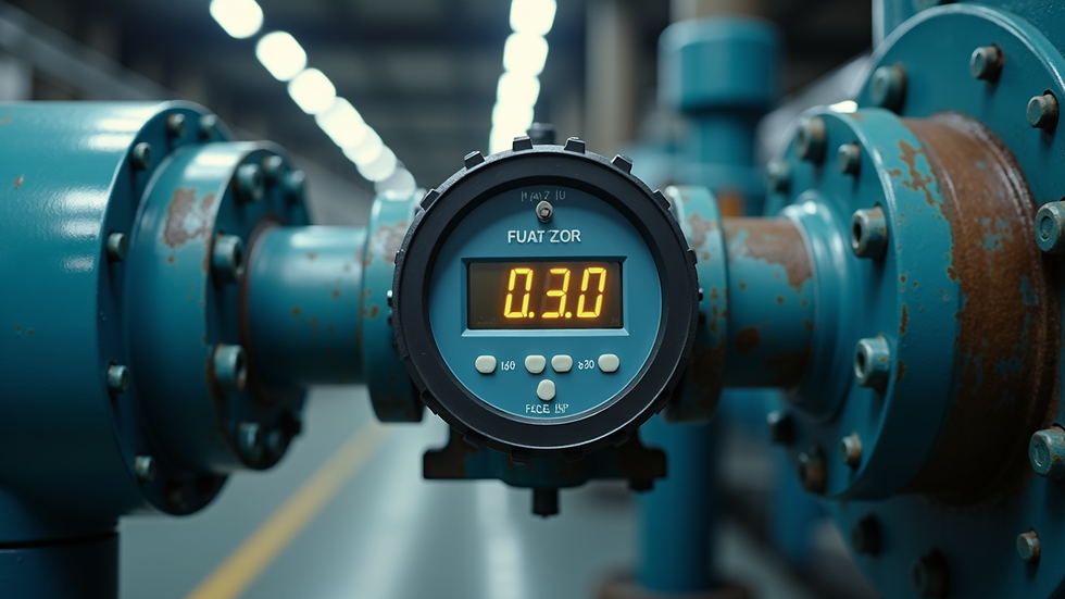 Eye-level view of an oval gear flow meter with digital display mounted on industrial equipment