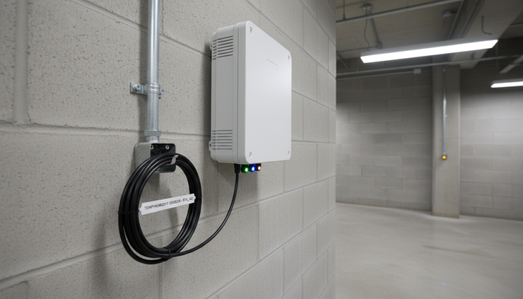 Eye-level view of a wall-mounted gateway with status lights in a service corridor
