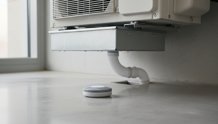 Close-up view of a wireless spot water sensor placed under an air-conditioning unit.
