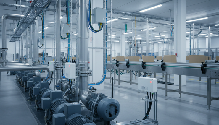 Wide-angle view of wireless sensors installed near industrial machinery on a factory floor