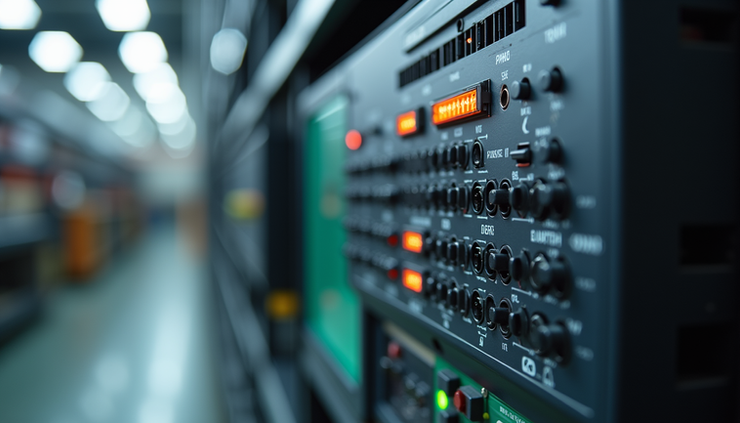 Eye-level view of industrial PLC controller with multiple digital I/O ports