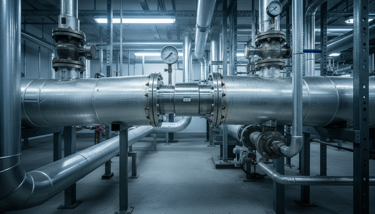 Wide-angle view of an insulated steam pipe with a vortex flowmeter installed in a plant room