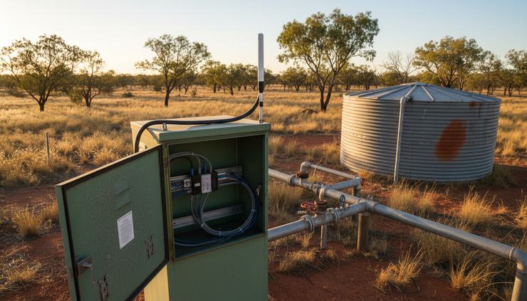High-angle view of a remote pump station enclosure with an antenna and industrial wiring.
