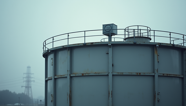 Eye-level view of a large industrial storage tank with radar level sensor mounted on top