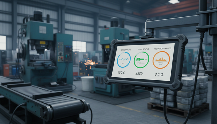 Eye-level view of a tablet showing industrial dashboards beside running production equipment