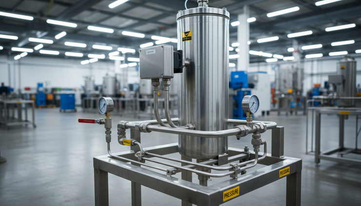 Eye-level view of a differential pressure transmitter connected to a filter skid