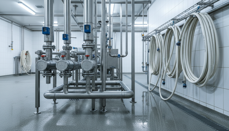 Eye-level view of pipework and meters beside a washdown area in a food processing facility.