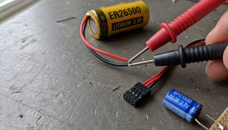 Macro view of red and black battery wires being checked with multimeter probes near a sensor connector