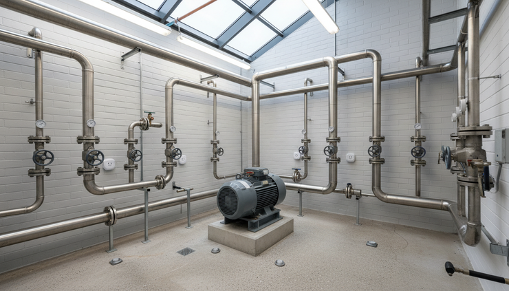 Eye-level view of a pump room with pipes, valves and environmental sensors on the wall.