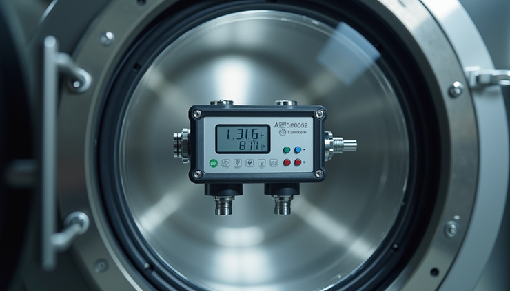 Close-up view of a wireless temperature and pressure data logger inside an autoclave chamber