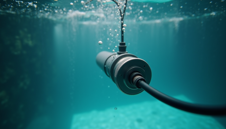 Close-up view of a submersible hydrostatic liquid level sensor installed in a water reservoir