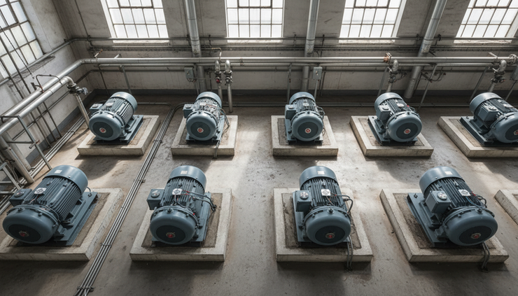 Overhead view of several industrial motors and pumps in a facility with wireless sensors installed