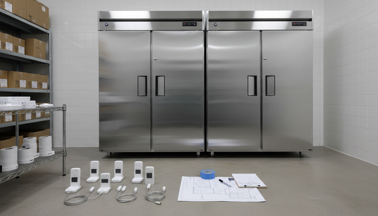 Wide-angle view of wireless sensors placed near commercial refrigeration units in a storeroom