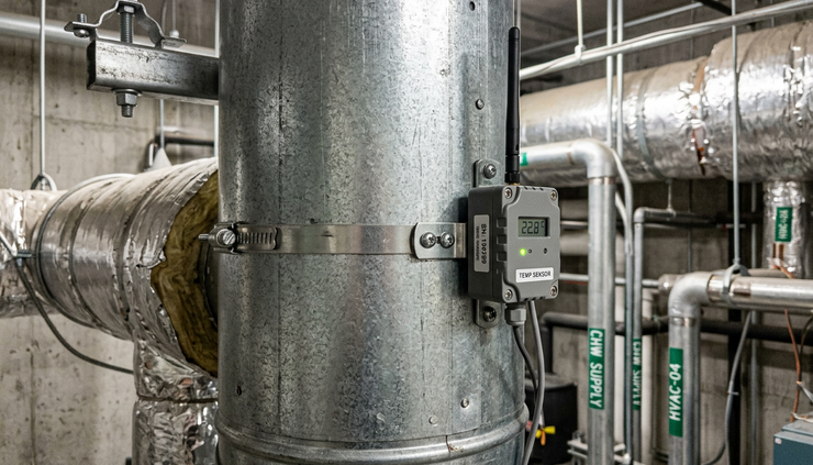 Close-up view of a wireless temperature sensor mounted near an HVAC duct.