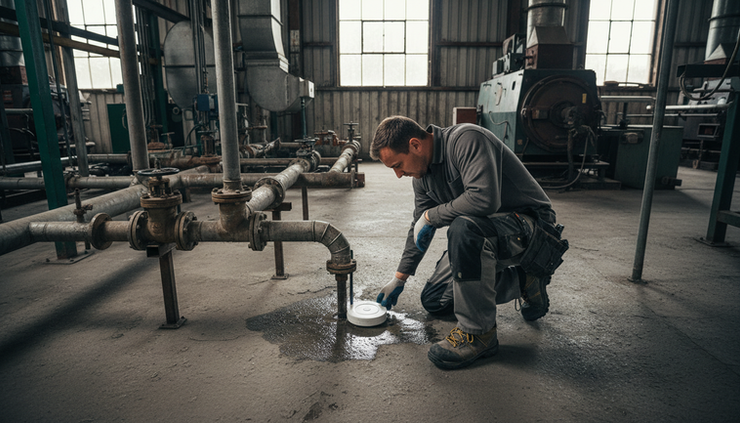 Overhead view of a maintenance worker checking a water sensor beside pipework in a plant area.
