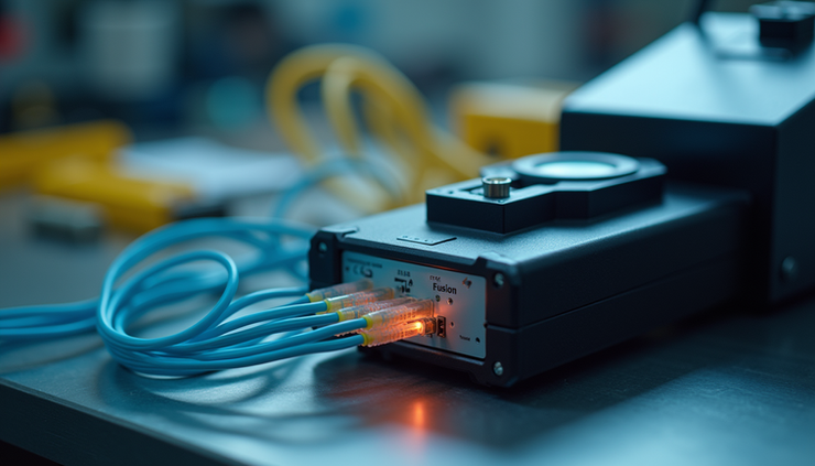 Close-up view of a fibre fusion splicer device with fiber cables connected
