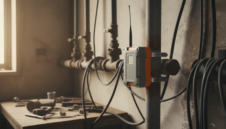 Close-up view of a wireless sensor fixed to a metal pipe in an industrial pump shed.