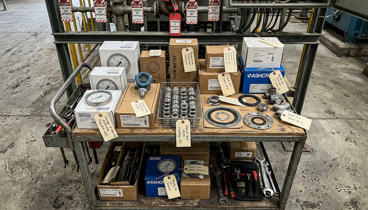Close-up view of a shutdown maintenance trolley with boxed instruments and tags.