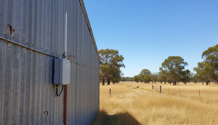 Eye-level view of an outdoor LoRaWAN gateway mounted high on a shed wall.