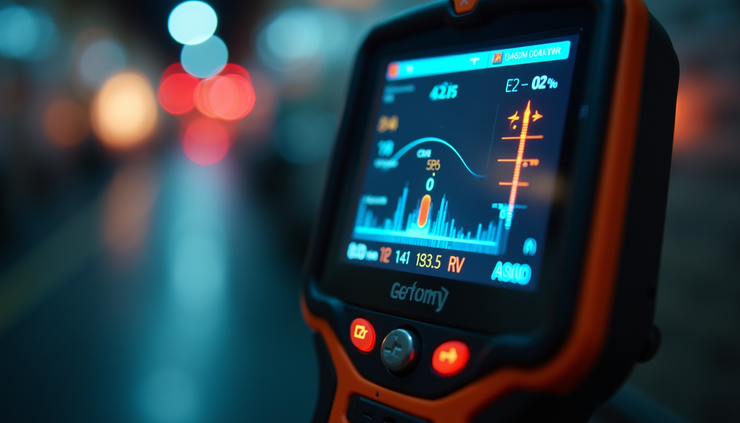Close-up view of a handheld electromagnetic radiation detector showing color screen readings