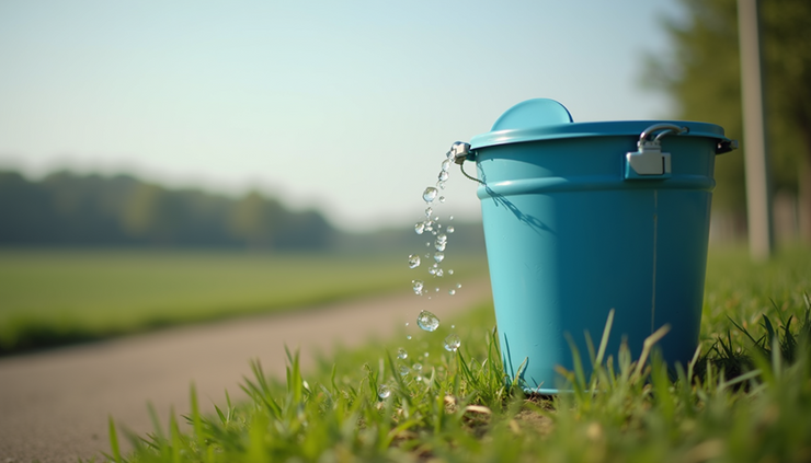 Eye-level view of a tipping bucket rain gauge mounted outdoors with clear sky background