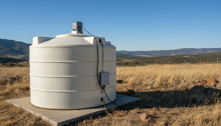 Wide-angle view of a water storage tank fitted with a small distance sensor on the top hatch