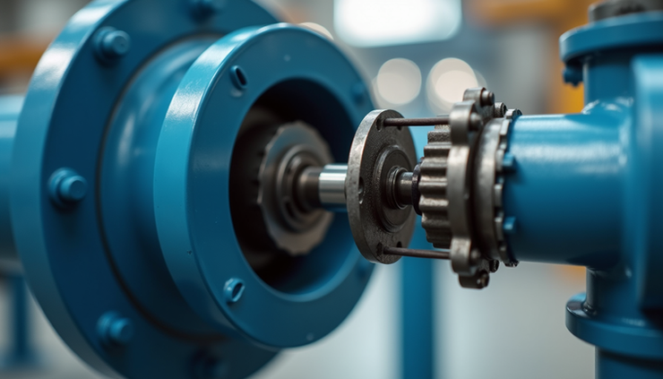 Close-up view of a turbine flow meter installed on a 1-inch pipe, showing the rotor mechanism inside