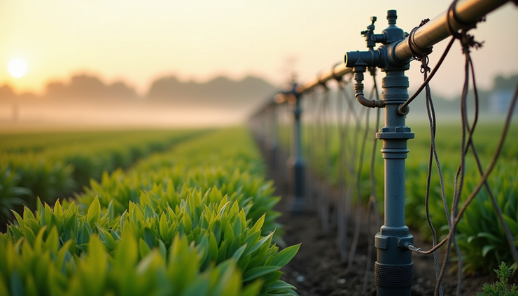Eye-level view of an irrigation pump system installed in a large agricultural field