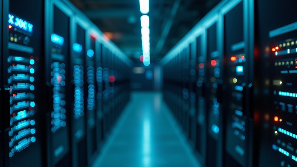 Close-up view of a bank server room with blinking lights
