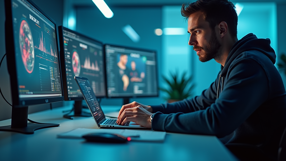 Eye-level view of a sports analyst using AI software on a laptop
