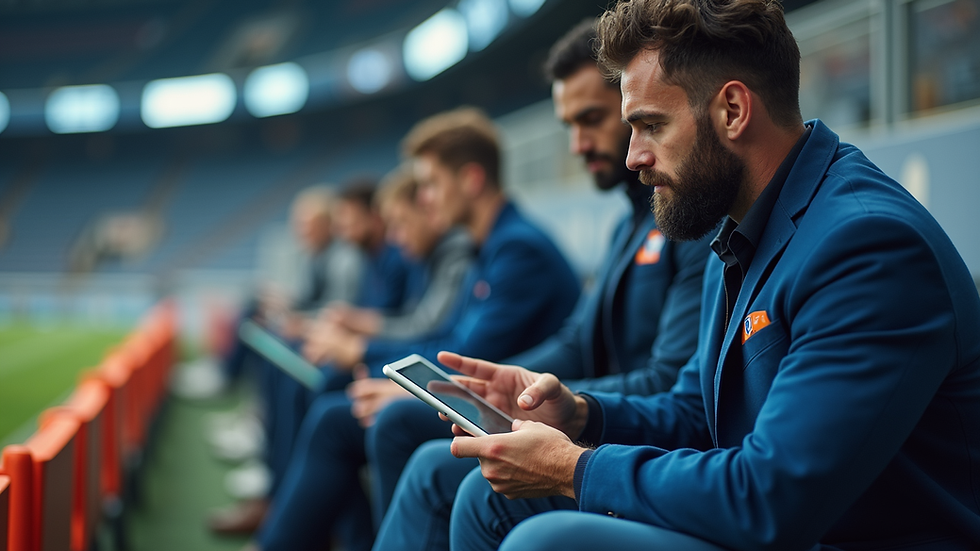 Eye-level view of a sports team using a digital tablet on the bench