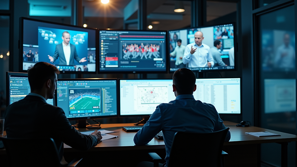 High angle view of a sports analyst monitoring multiple screens