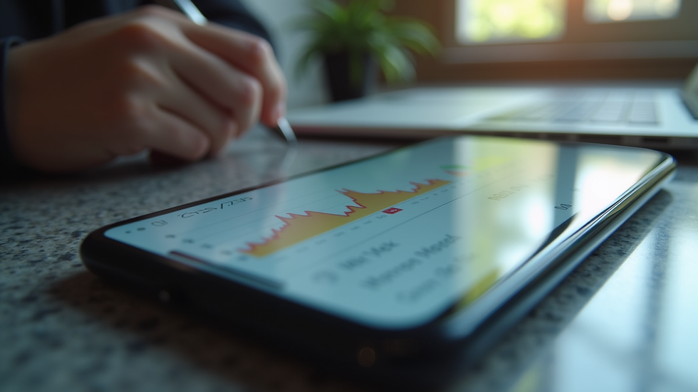 Eye-level view of a smartphone displaying a financial app dashboard