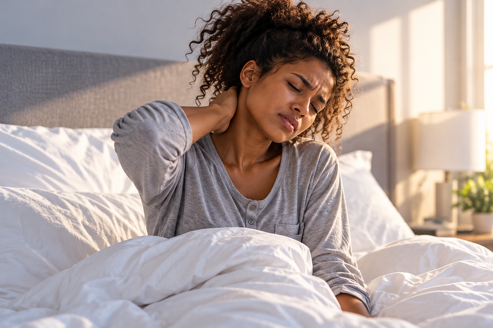 A woman waking up with neck pain and stiffness, holding her neck while sitting in bed.