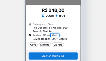 Tempo total estimado até o destino no card de oferta