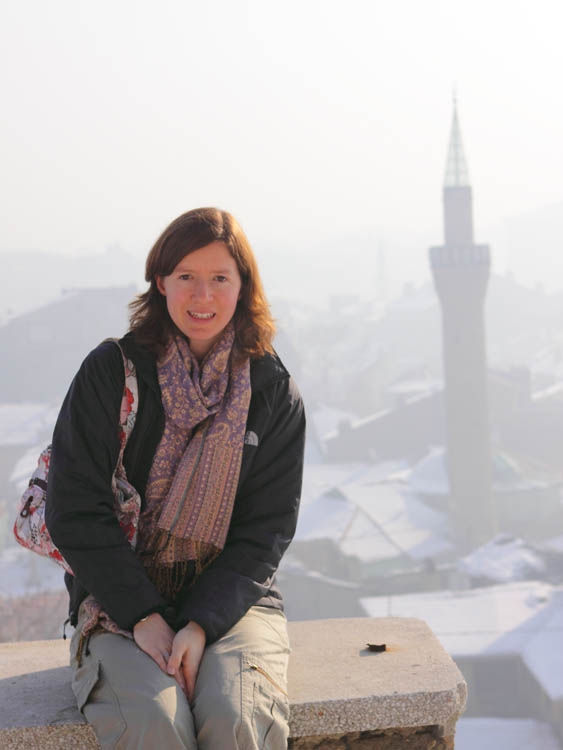 Amy with mosque in Afyon Turkey